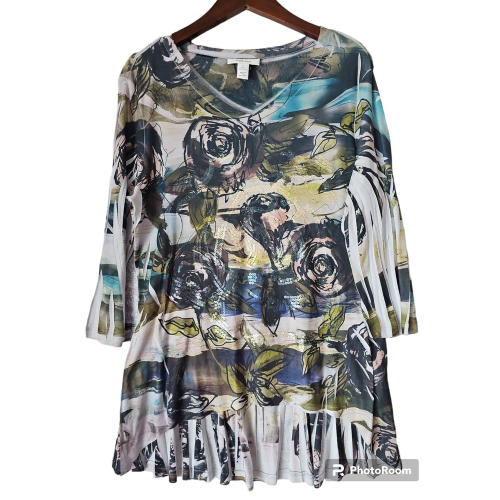 STYLE & CO Women V Neck Sequin Floral Rear Pleat Long Length Blouse Tunic Size L